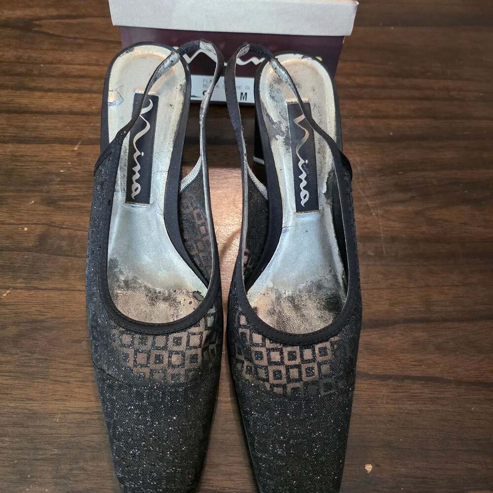 Nina Flame-TS Black Square Glitter Mesh Slingback Heels 9M